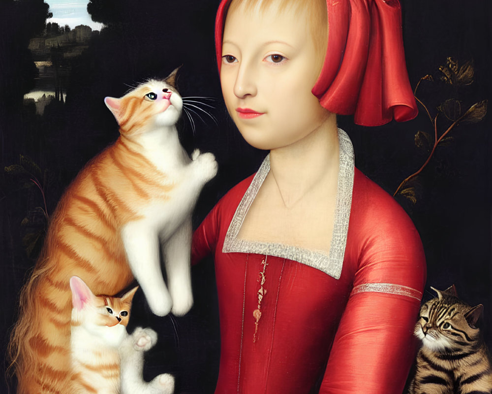 Renaissance woman portrait with red headwrap and playful cats in pastoral setting