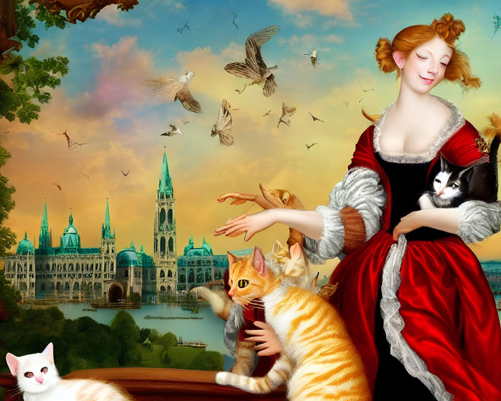 Baroque-style painting of a woman with cats in fantastical cityscape