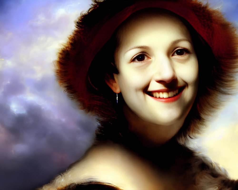 Smiling woman in red hat and fur coat against soft cloud backdrop
