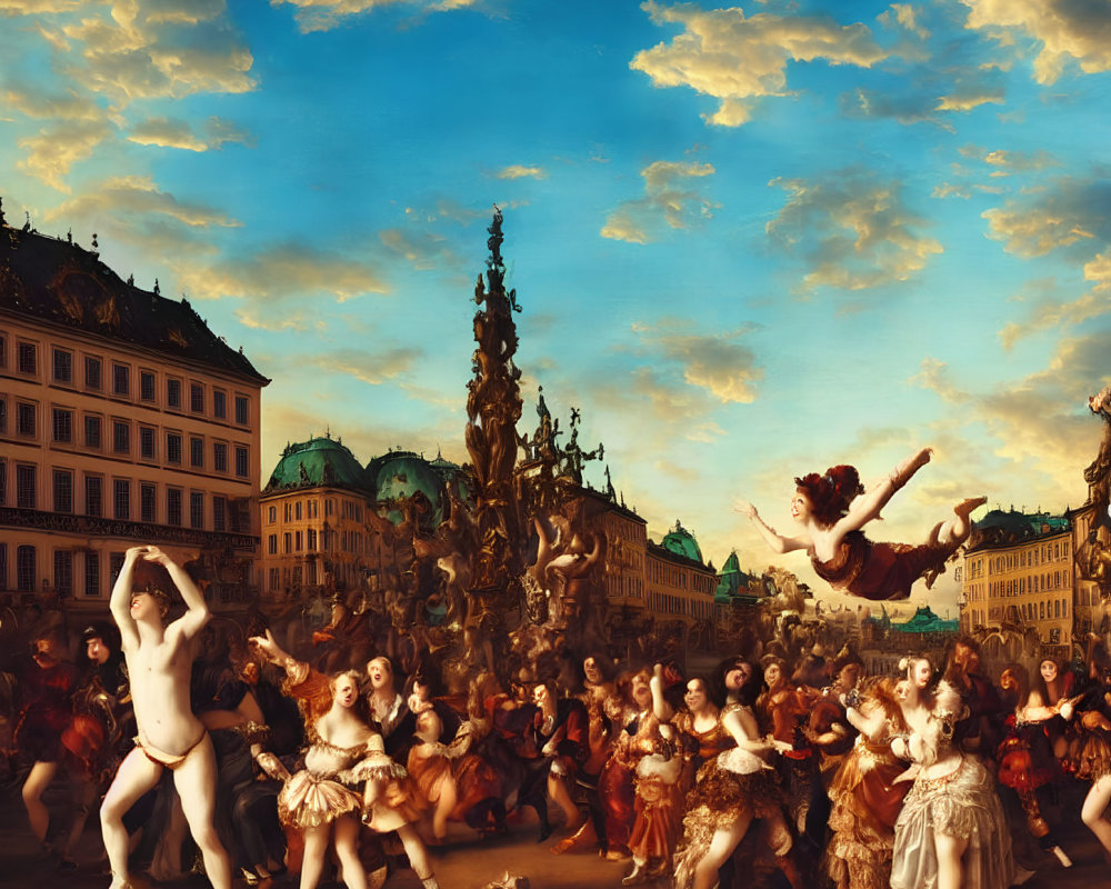 Baroque scene with dancing figures and flying cherubs in historic square