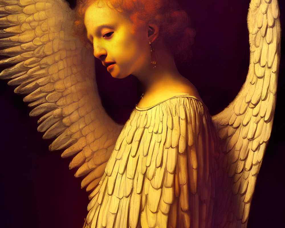 Angel with Curly Red Hair, White Wings, Draped Gown on Dark Background