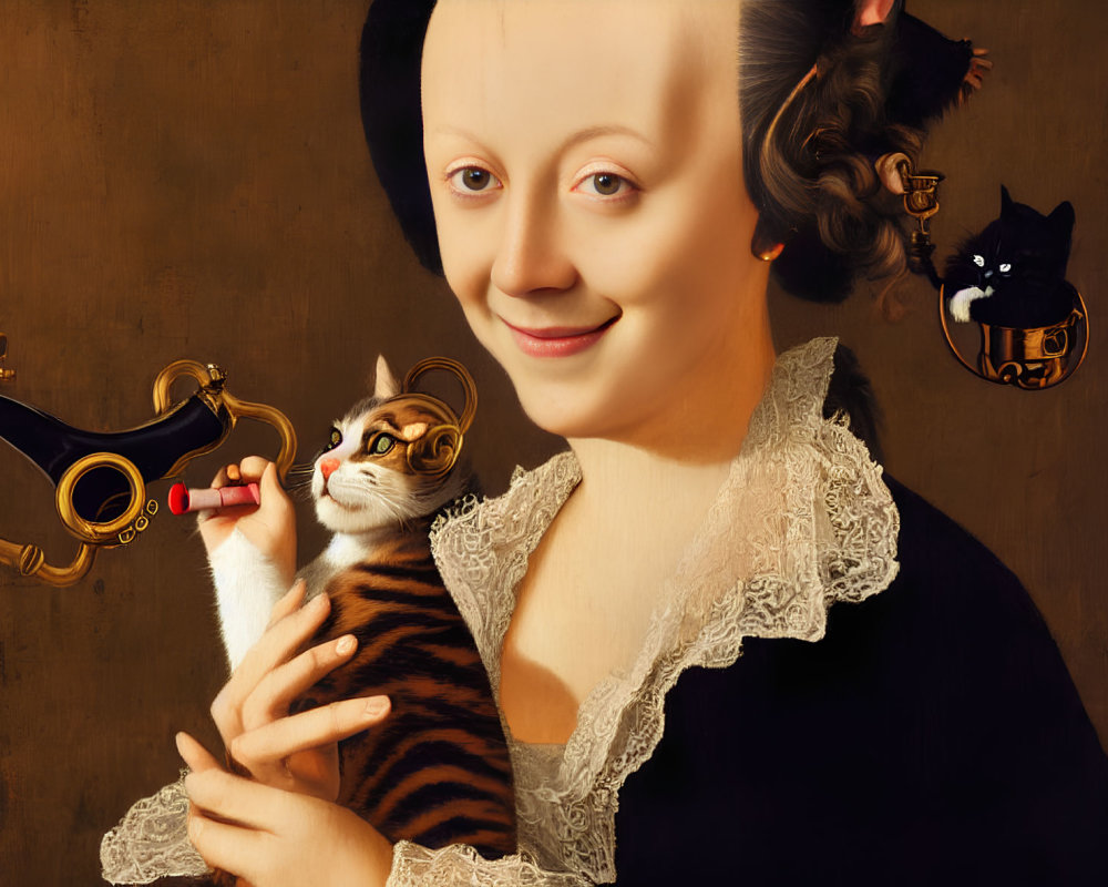 Surreal portrait of woman with cat, vintage clothing, floating teapot, and black cat on