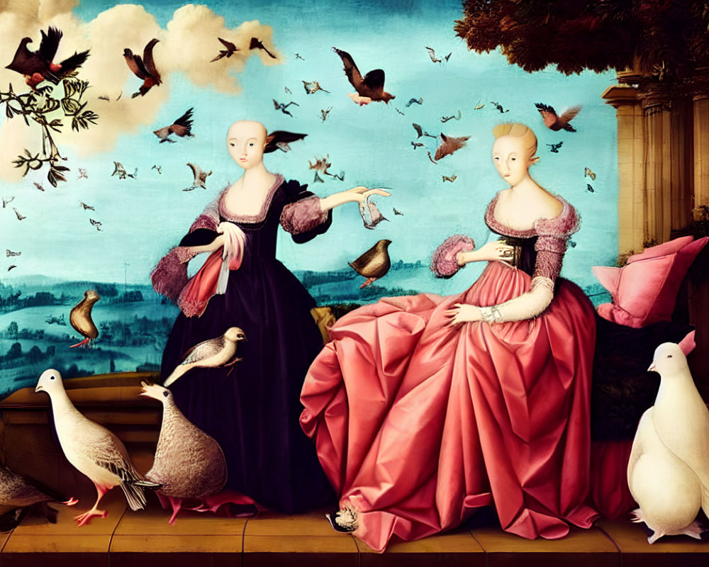 Two women in period dresses with flying birds in stylized room.