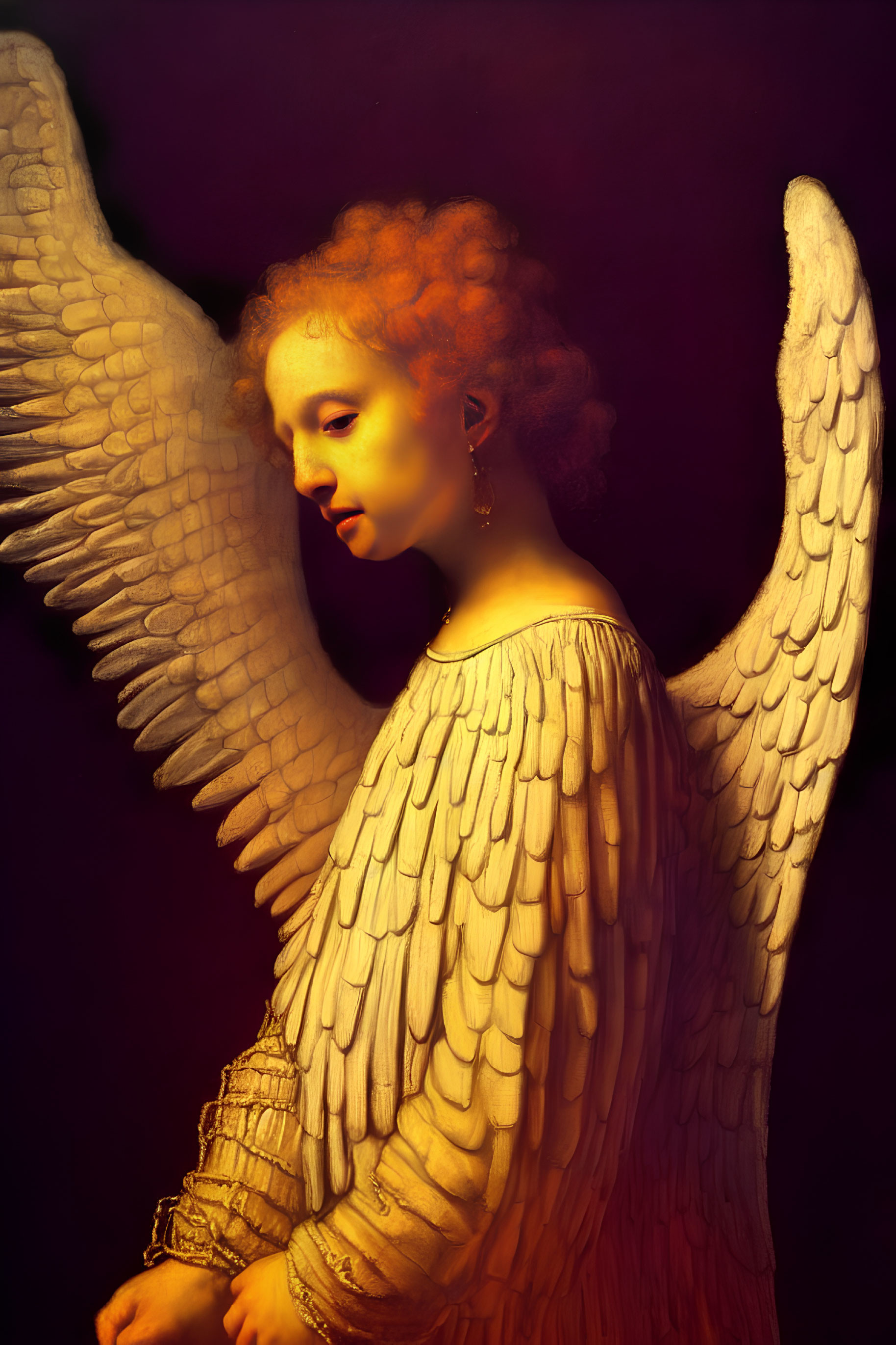 Angel with Curly Red Hair, White Wings, Draped Gown on Dark Background