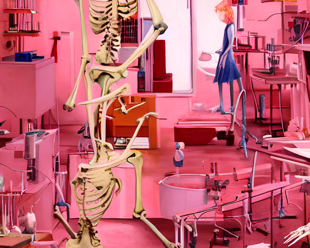 Surreal pink laboratory with dancing skeletons and scientific equipment