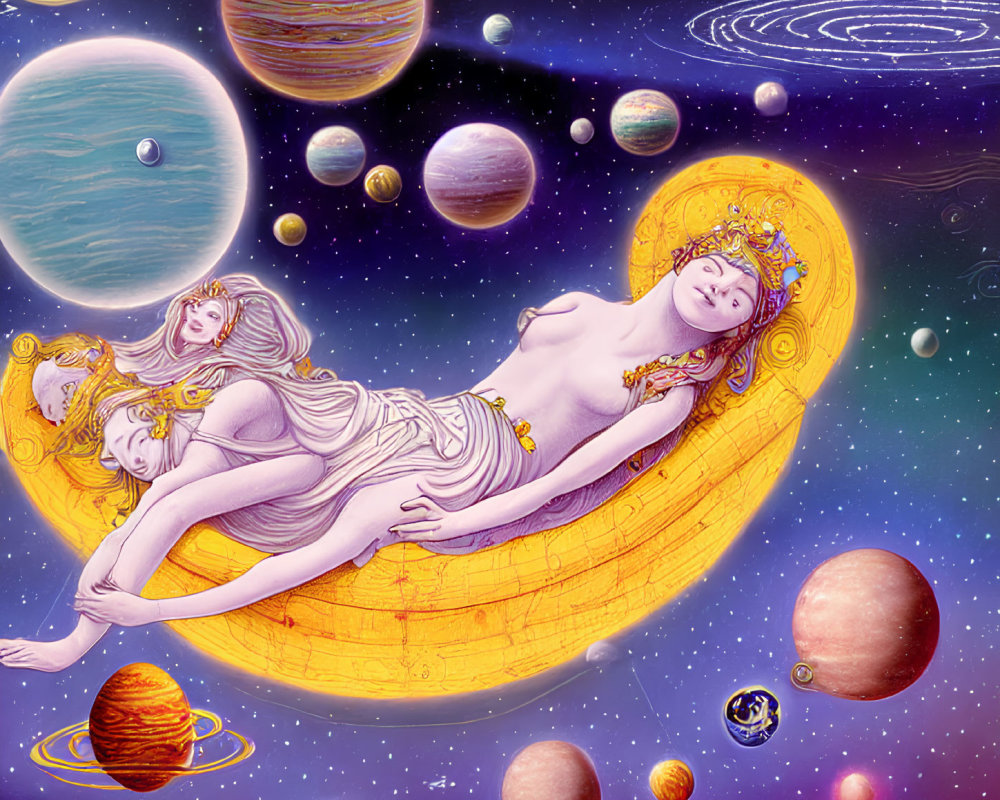 Illustration of female figure on crescent moon in cosmic scene