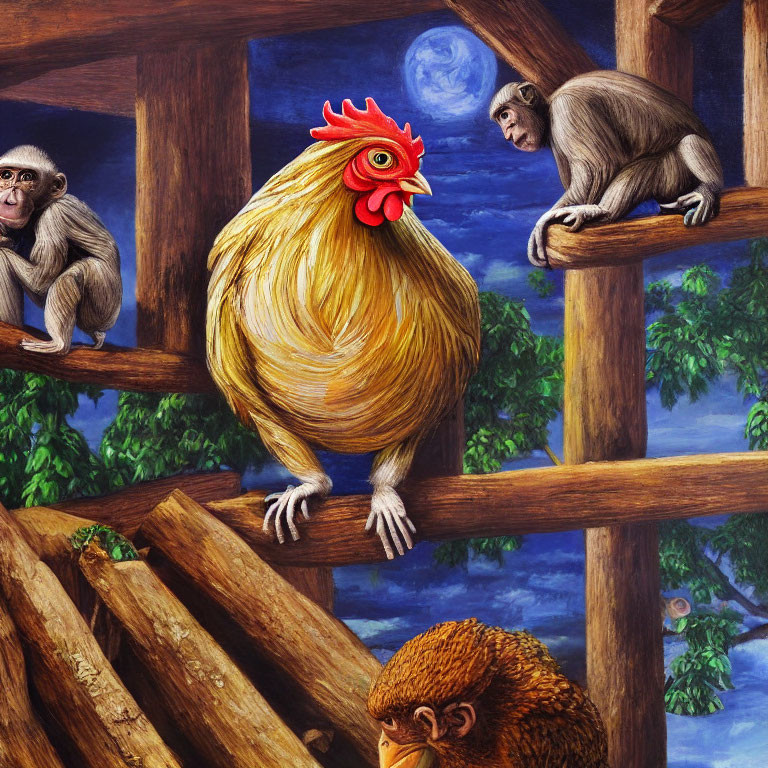 Colorful chicken with monkey and orangutan on wooden beams in lush setting