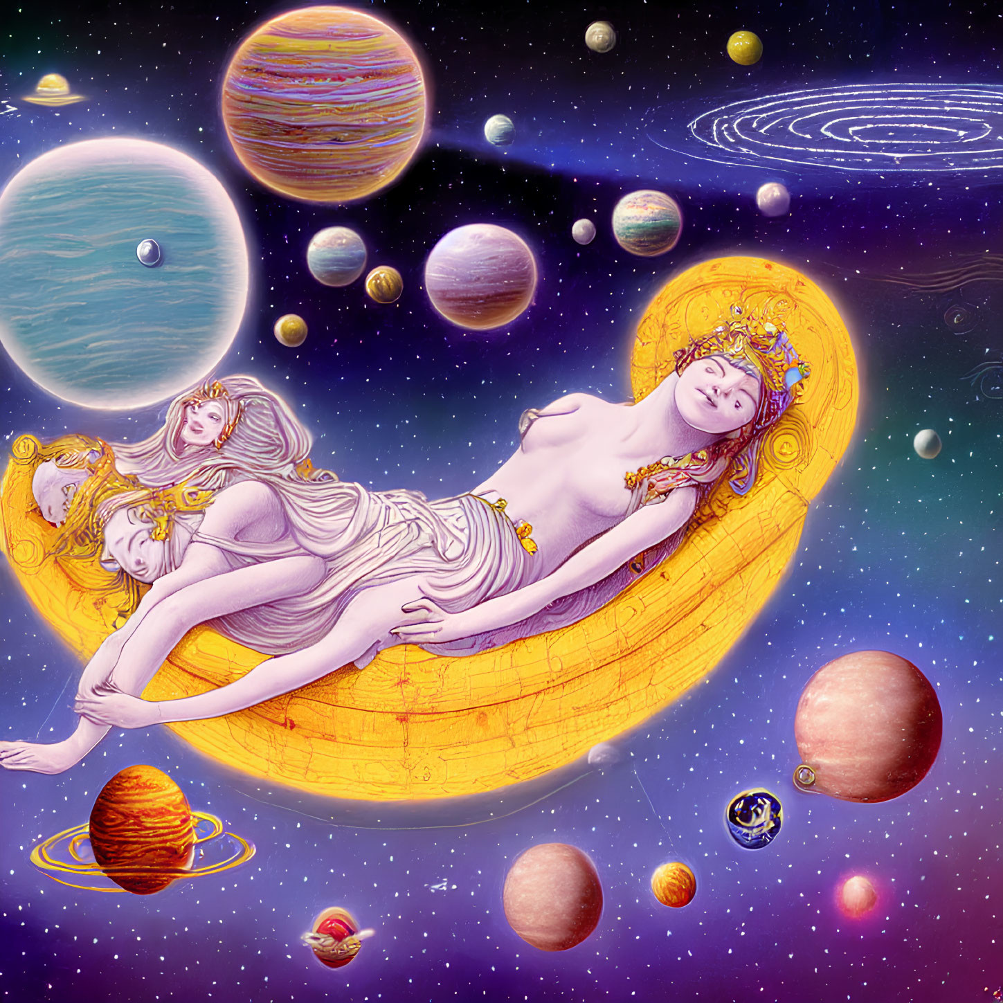 Illustration of female figure on crescent moon in cosmic scene