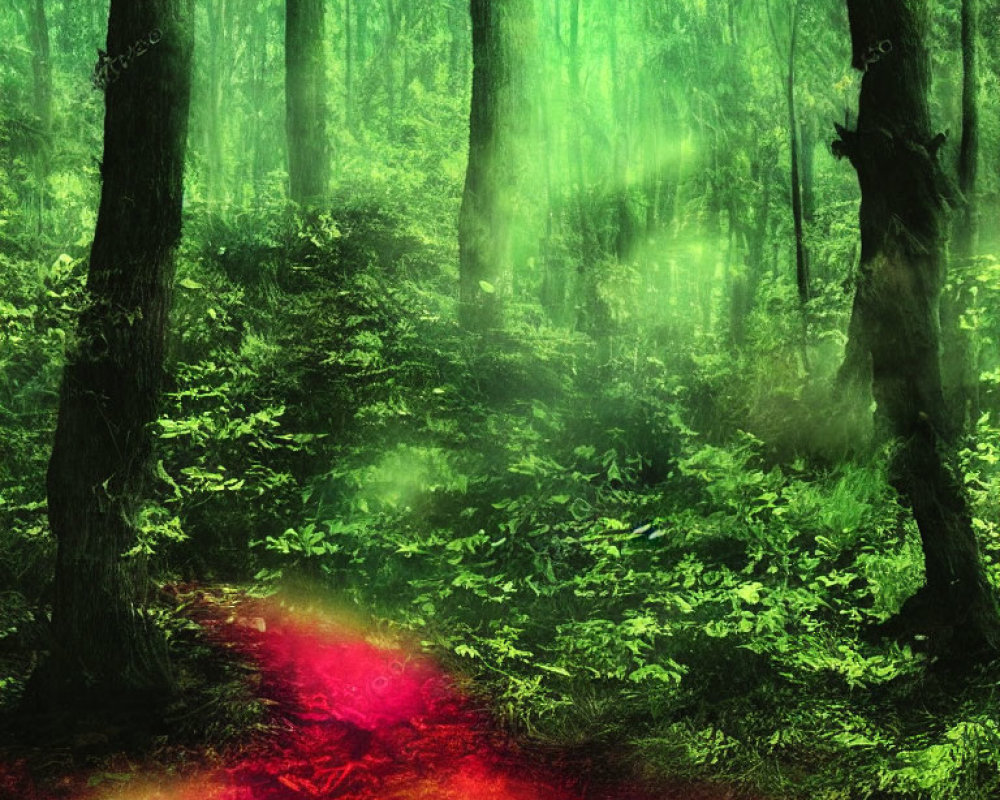 Enigmatic Red Glow in Dense Green Forest