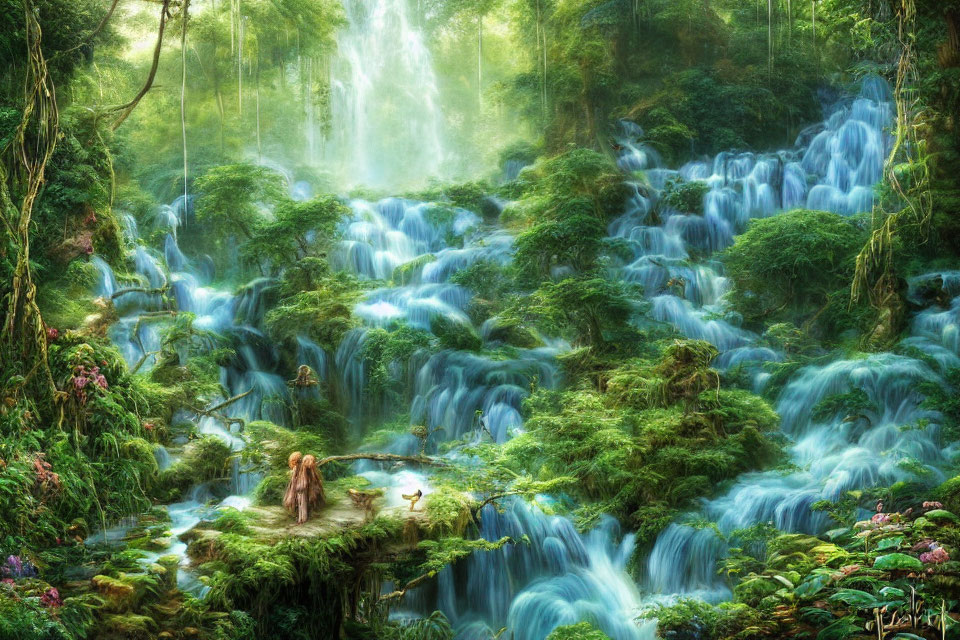 Enchanting fantasy forest with waterfalls, lush greenery, vibrant flora, and mystical figures.
