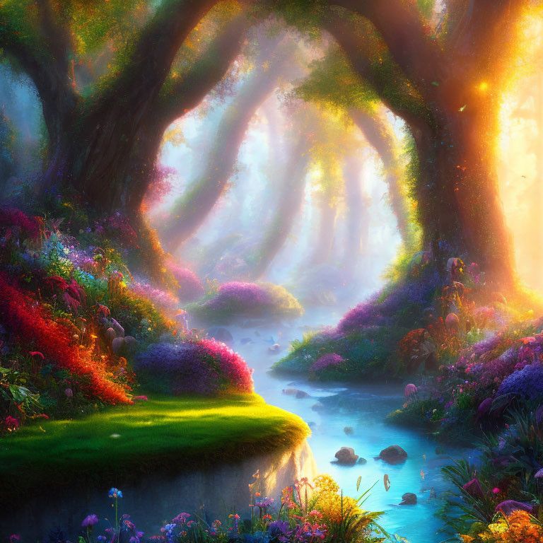 Vibrant flowers, flowing stream, sunbeams in mystical forest