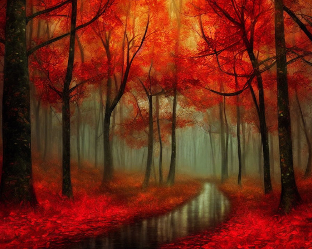 Autumnal forest with mist, winding path, red and orange trees, fallen leaves, soft glow