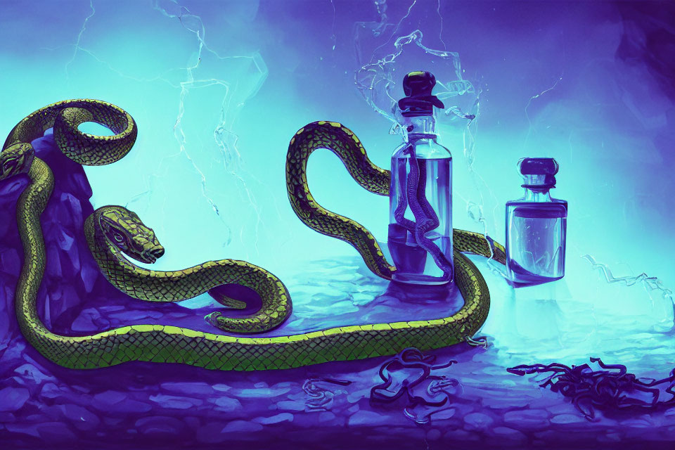 Green snake encircles potion bottle with lightning backdrop, smaller bottle and bones nearby.
