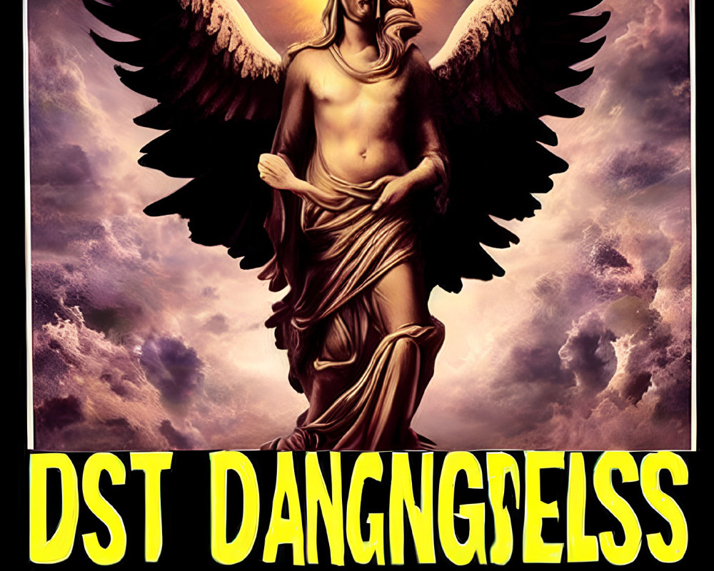 Golden-winged angel in classical robes under bold golden text on black background