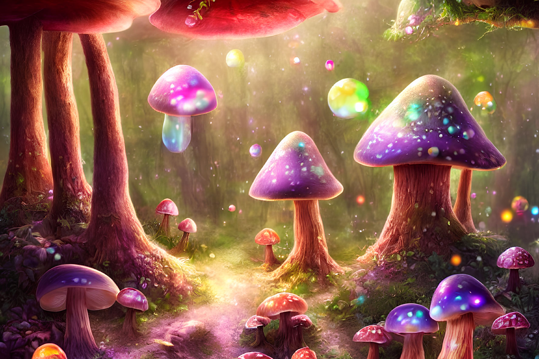 Vibrant oversized mushrooms in whimsical forest scene