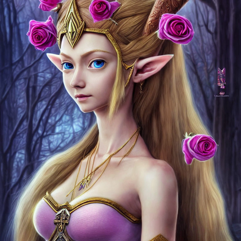 Female Elf Illustration with Golden Tiara & Purple Roses in Mystical Forest