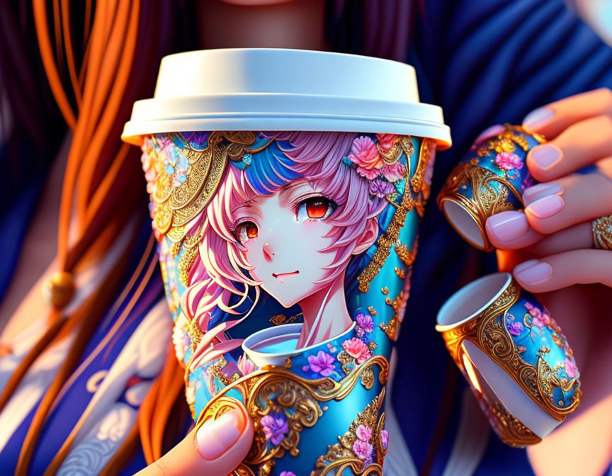 Ornate cup held by hand with anime-style character design on blue fabric