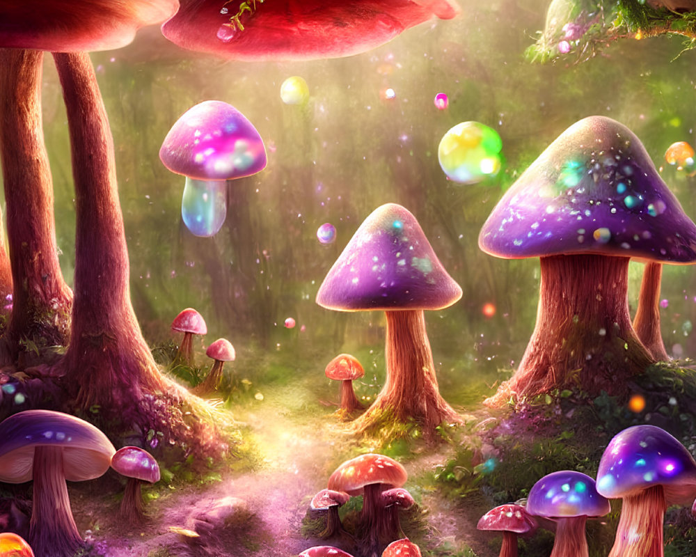 Vibrant oversized mushrooms in whimsical forest scene