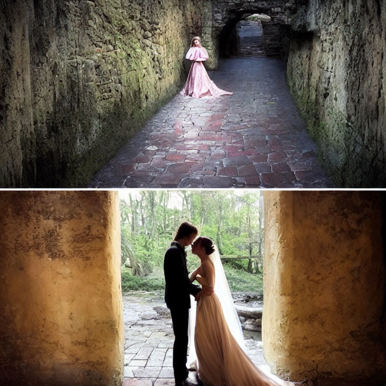 Person in Pink Dress in Stone Corridor, Wedding Couple in Archway