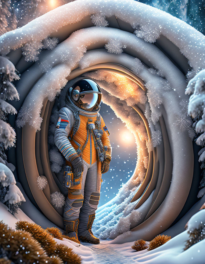 Astronaut at entrance of icy tunnel in snow-covered twilight scene