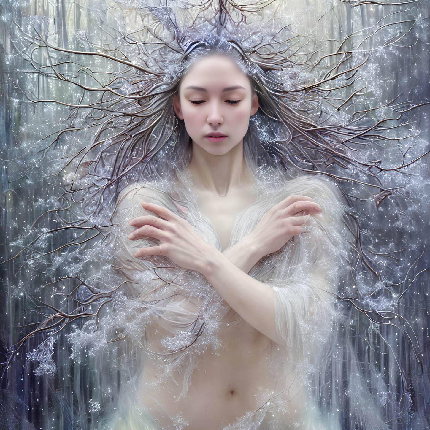 Mystical figure with tree branch hair in wintry forest scene