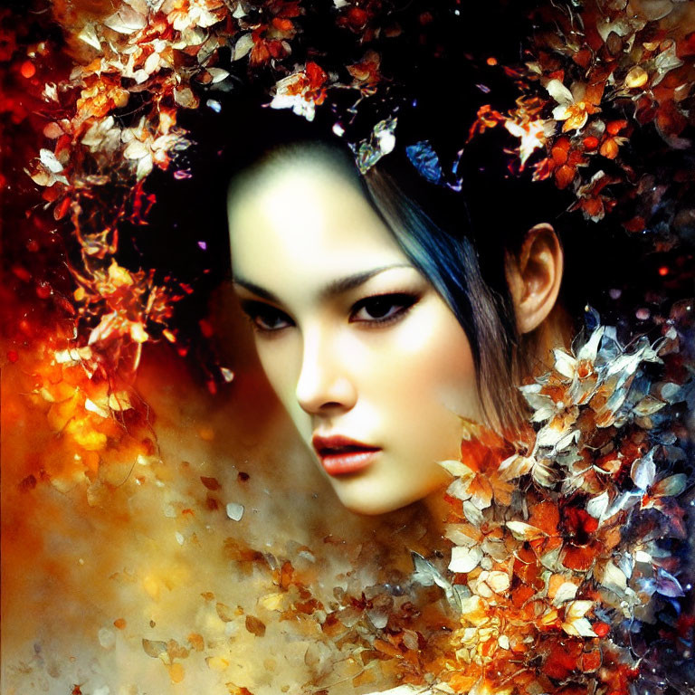 Autumn leaves swirl around woman's face in vibrant portrait