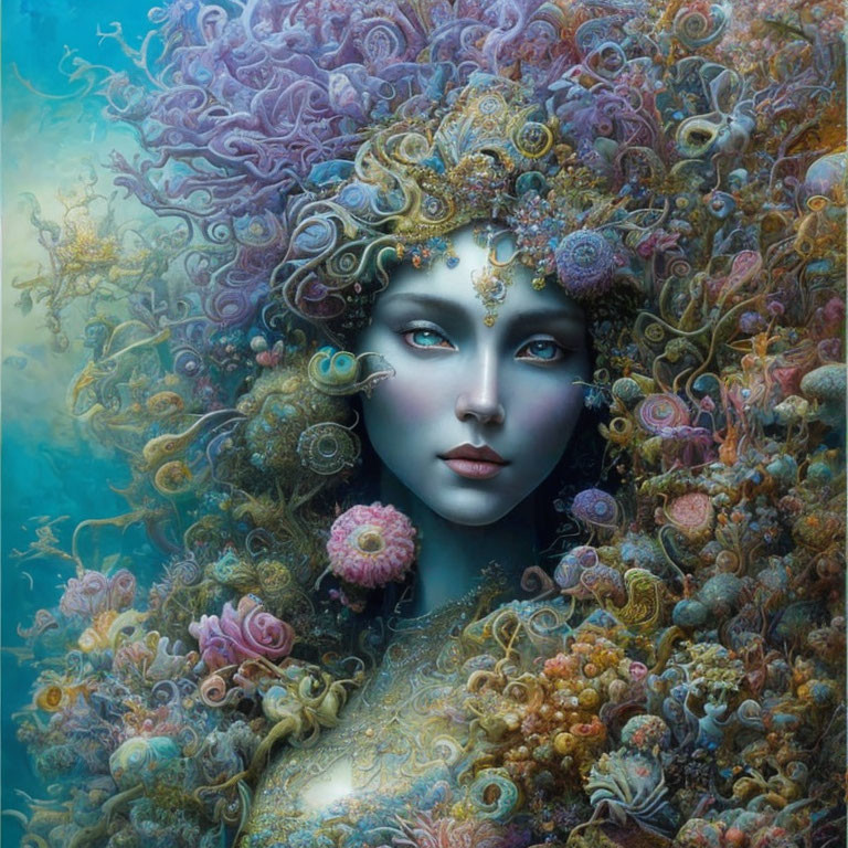 Blue-skinned woman surrounded by coral-like structures and marine flora in blues, oranges, and pinks