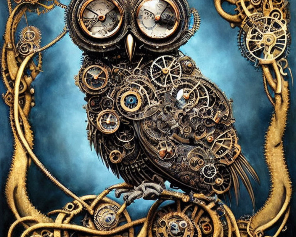 Mechanical owl artwork with gears and metal parts on blue cloudy background