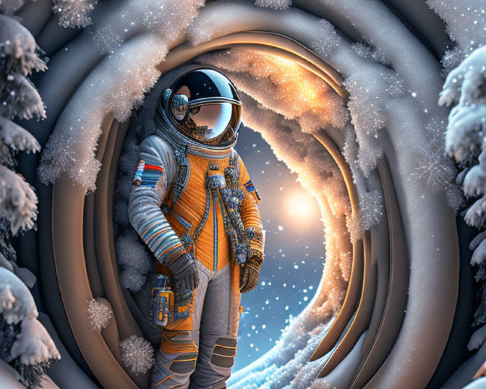 Astronaut at entrance of icy tunnel in snow-covered twilight scene