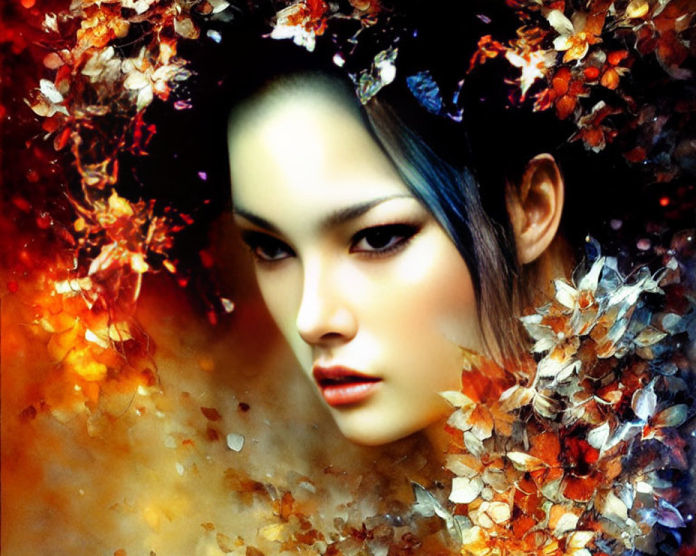 Autumn leaves swirl around woman's face in vibrant portrait