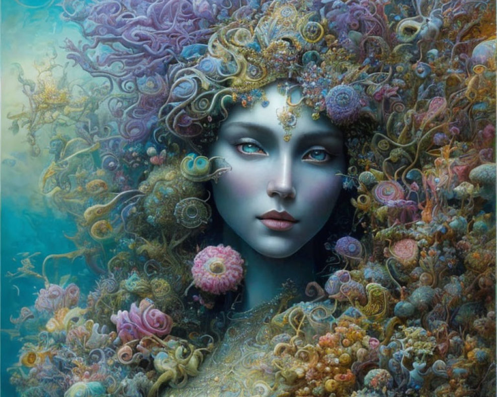 Blue-skinned woman surrounded by coral-like structures and marine flora in blues, oranges, and pinks