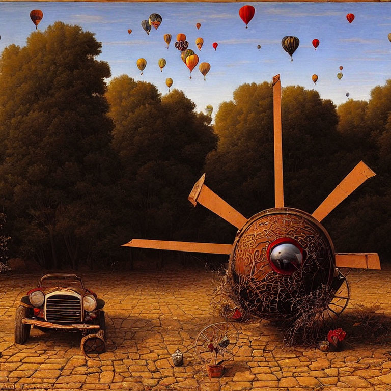 Surreal landscape with hot air balloons, old car, and ornate sphere in a unique setting