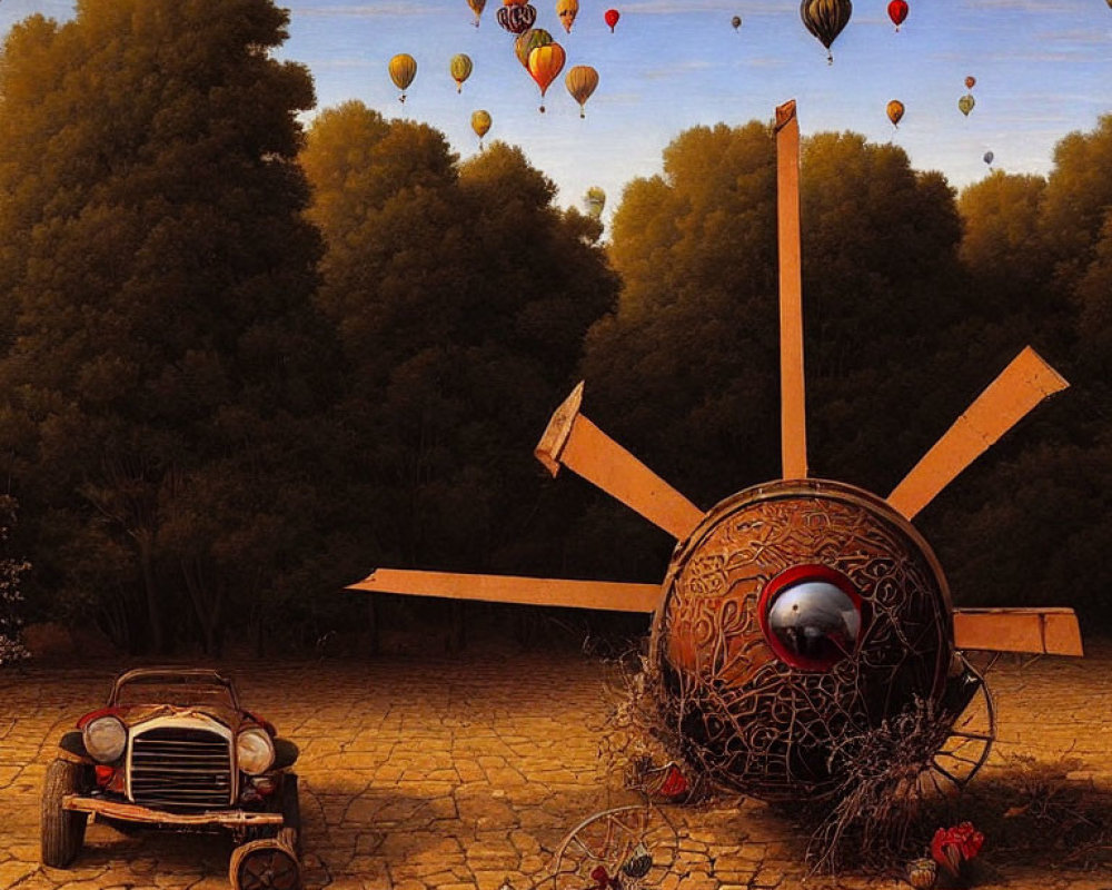 Surreal landscape with hot air balloons, old car, and ornate sphere in a unique setting