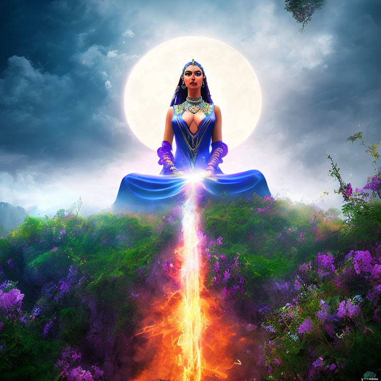 Mystical woman in blue attire levitates above flowery landscape under full moon