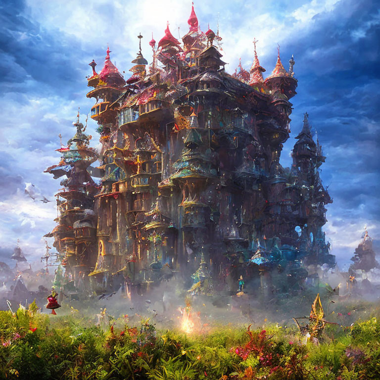 Fantasy castle with spires in vibrant landscape under dramatic sky