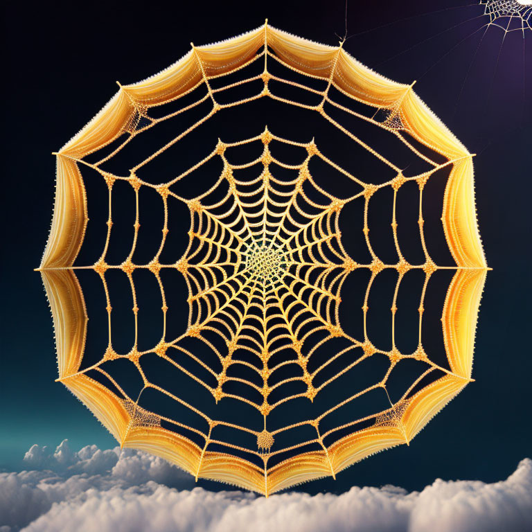 Symmetrical spider web with water droplets against blue sky