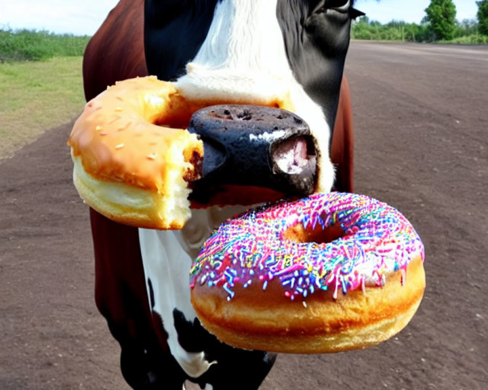 Cow with three donuts on snout in road and greenery scene