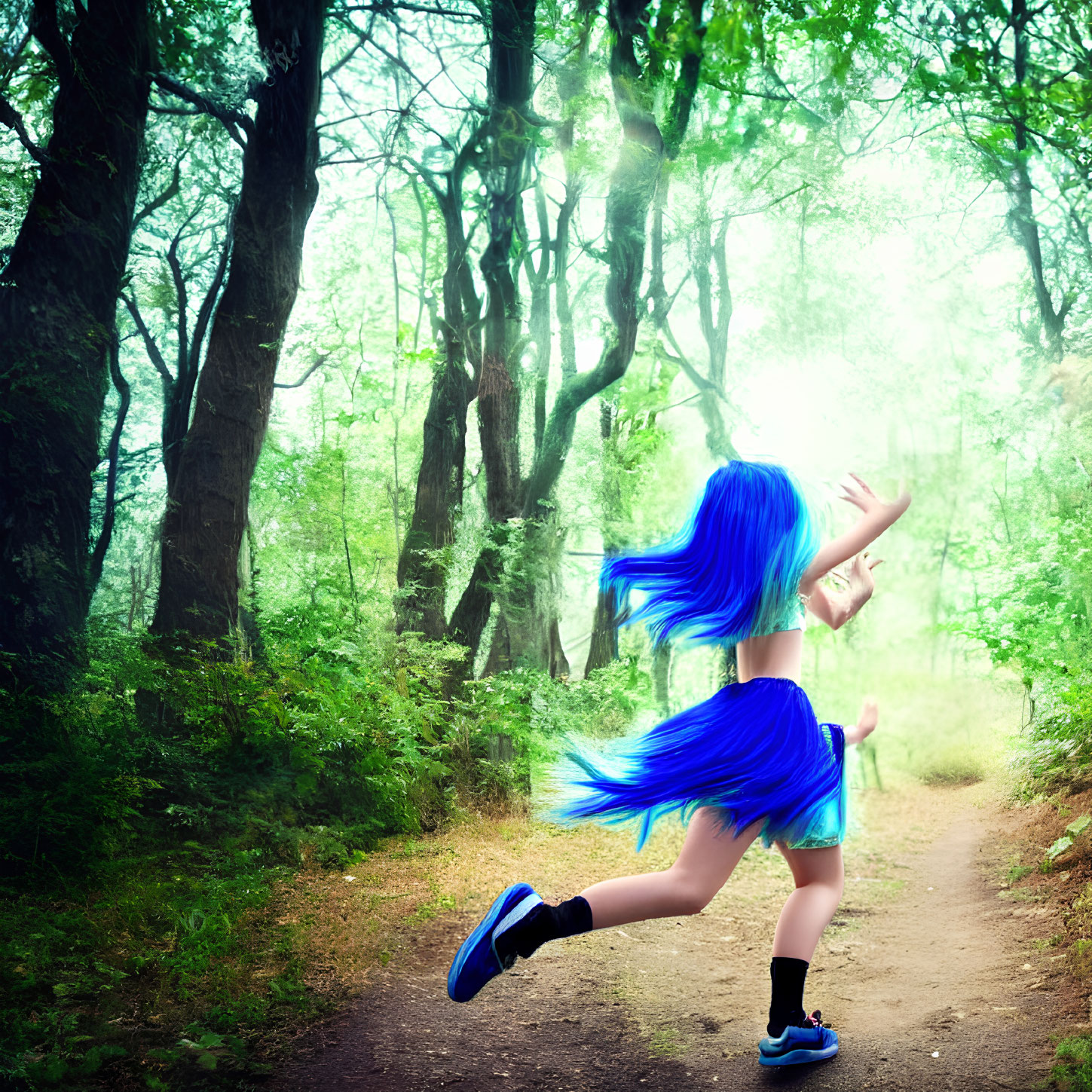 Vibrant blue-haired person running in misty forest trail