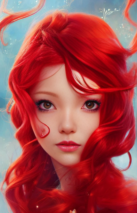 Vibrant red hair and pink eyes in digital portrait