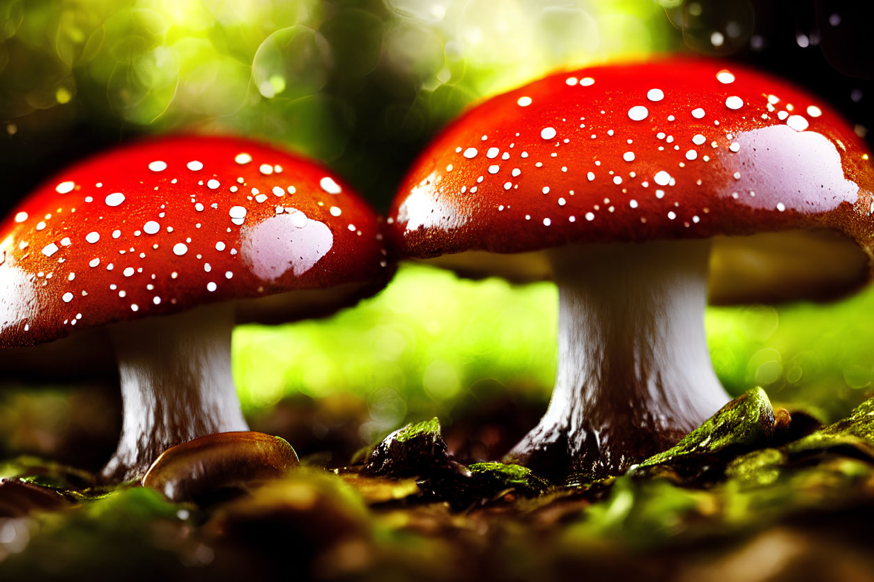 Vibrant red mushrooms with white spots on forest floor, water droplets, green background