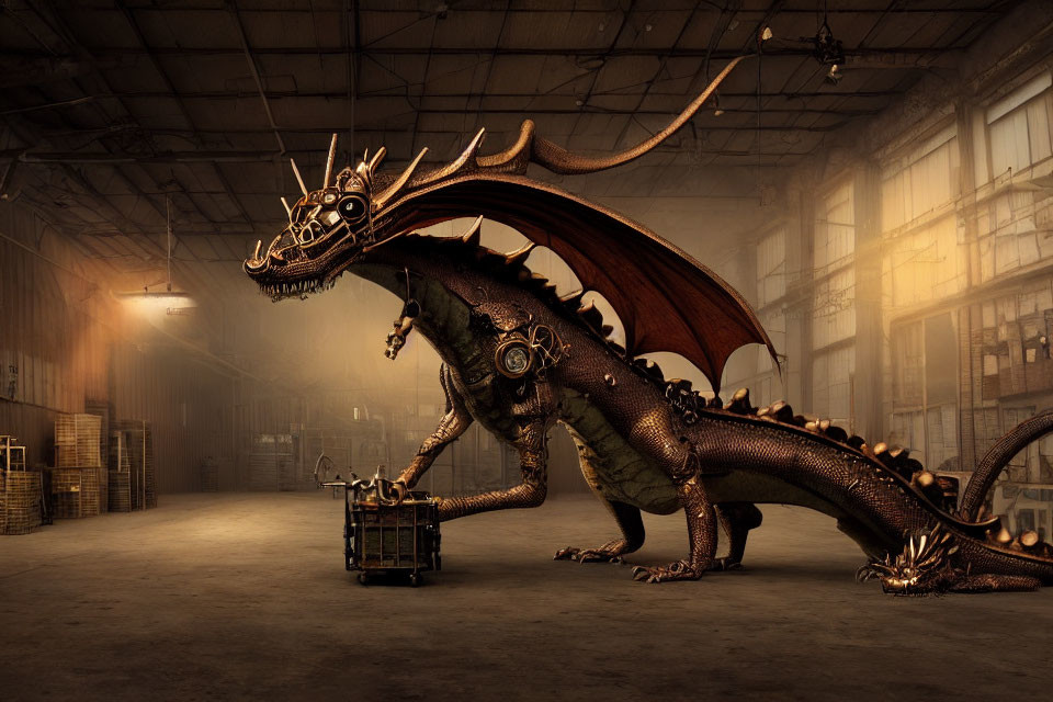 Intricate mechanical dragon in dim industrial warehouse
