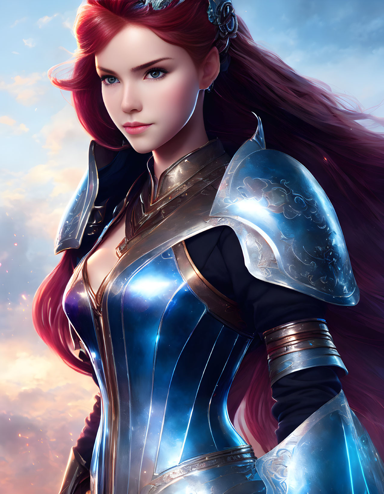 Digital artwork featuring woman with red hair and silver armor on dramatic sky backdrop