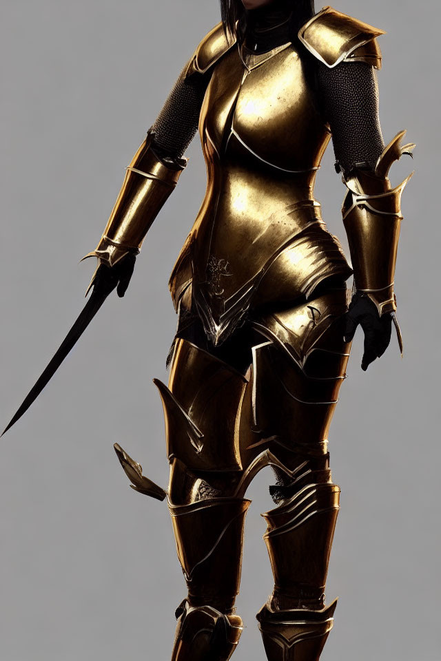 Elaborately Designed Golden Armor Figure with Sword on Grey Background