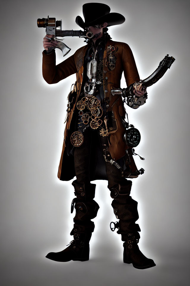 Steampunk-inspired character in top hat, goggles, long coat, and retro-futuristic gun