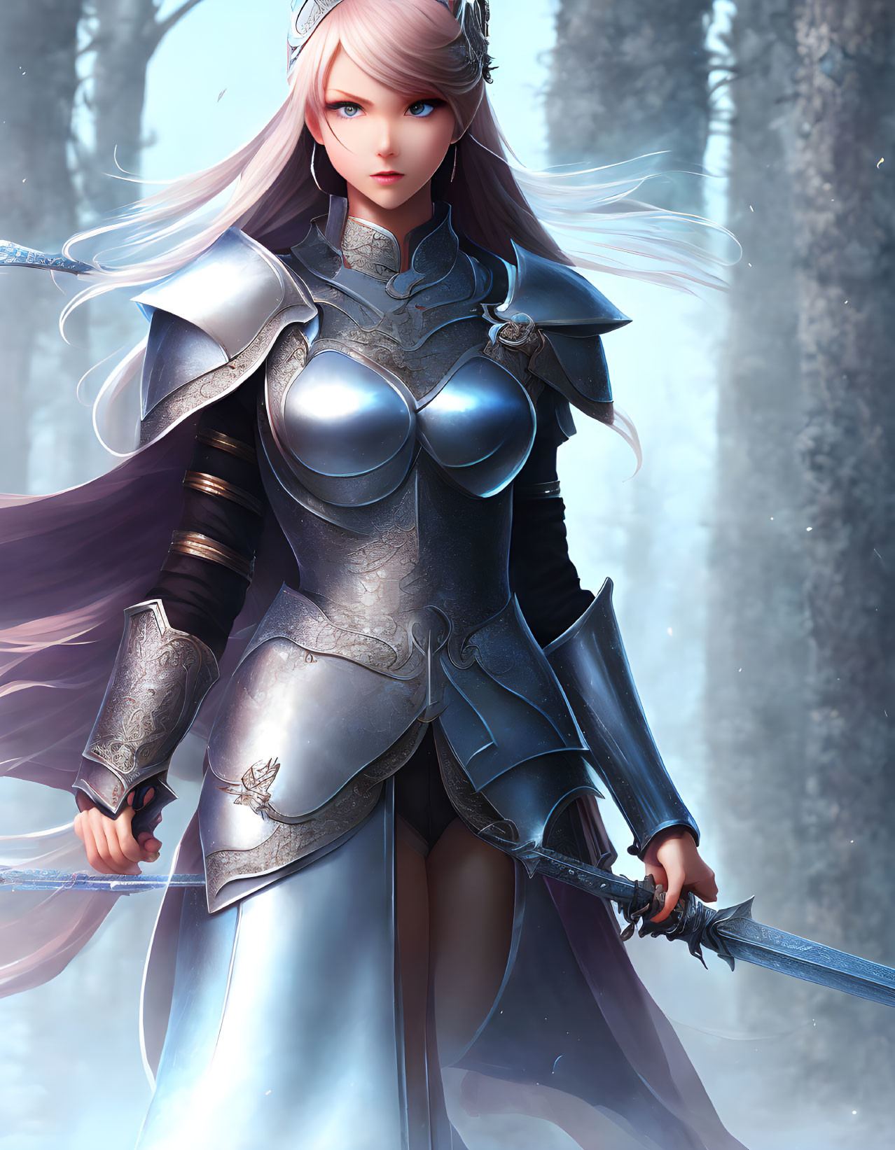 Female warrior in silver armor with sword in misty snowy forest