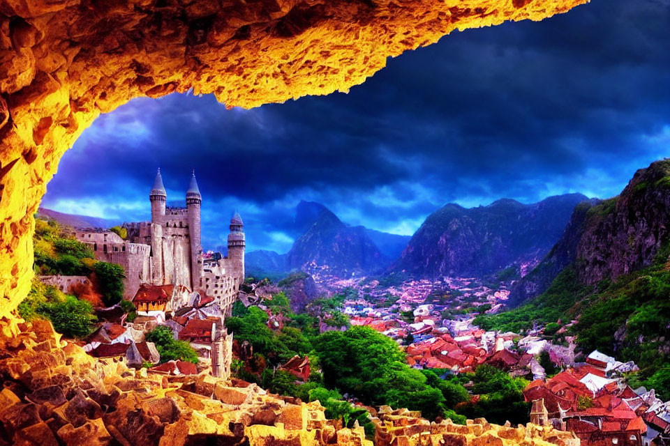 Scenic cave view of town with twin towers and mountains