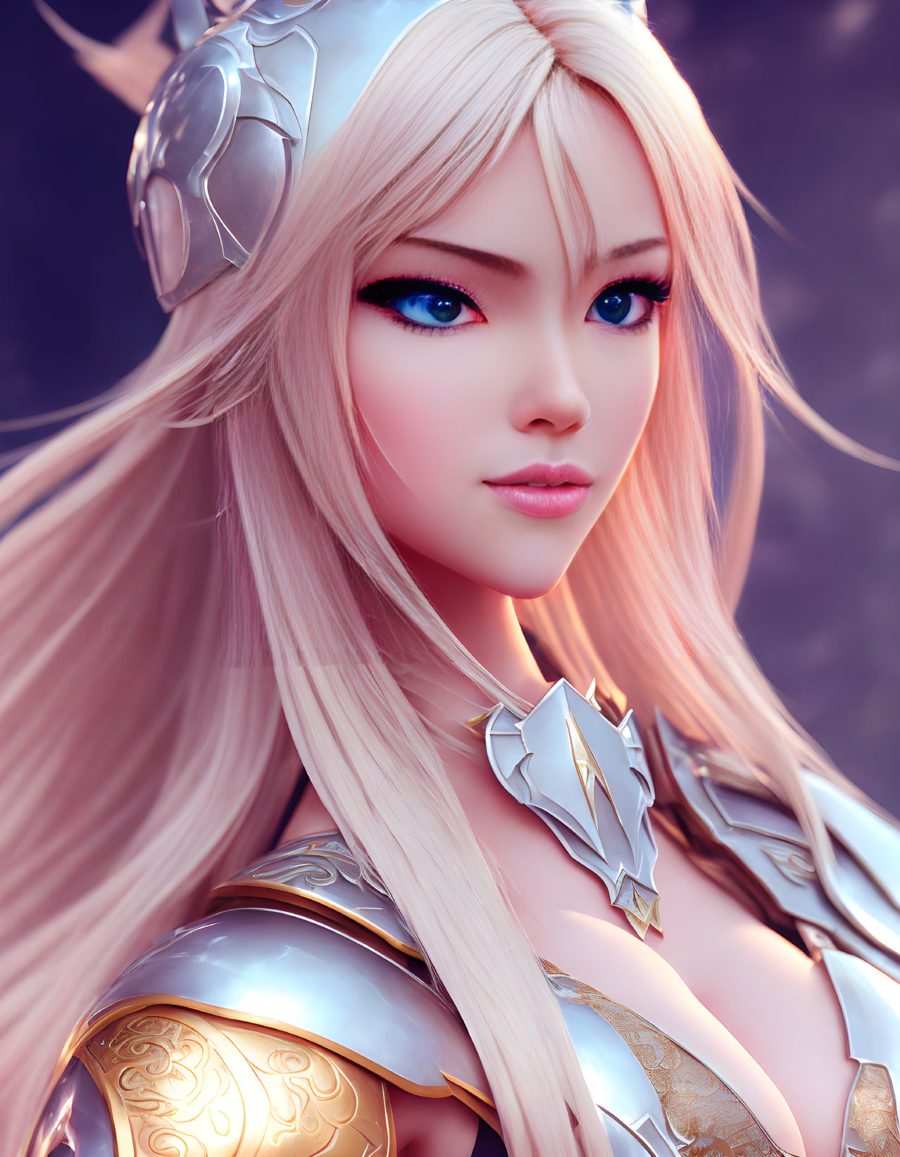 Digital artwork of female character in ornate silver and gold armor