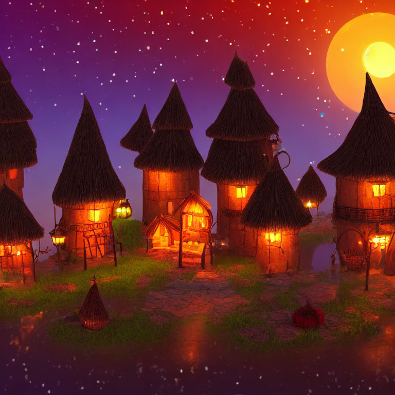 Whimsical village with thatched-roof cottages under starry sky