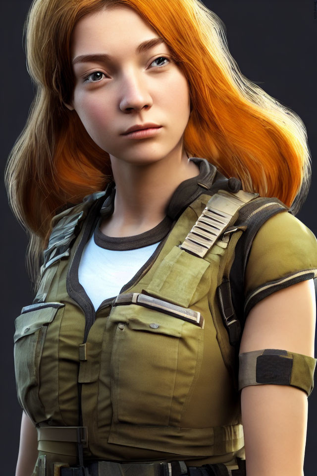 Realistic 3D Rendering of Woman with Long Red Hair in Green Military Vest