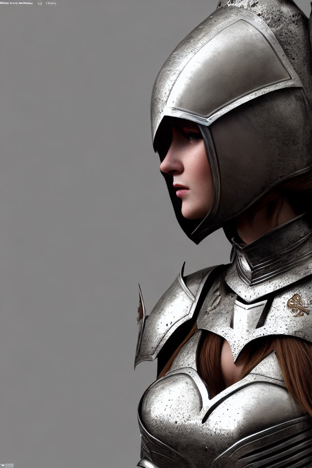 Detailed Silver Knight Helmet and Armor Profile View with Long Hair on Dark Background